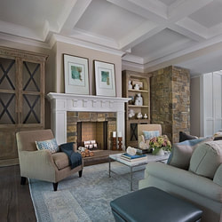 Traditional living room in classic shingle style home designed by residential architects Bloomfield Michigan